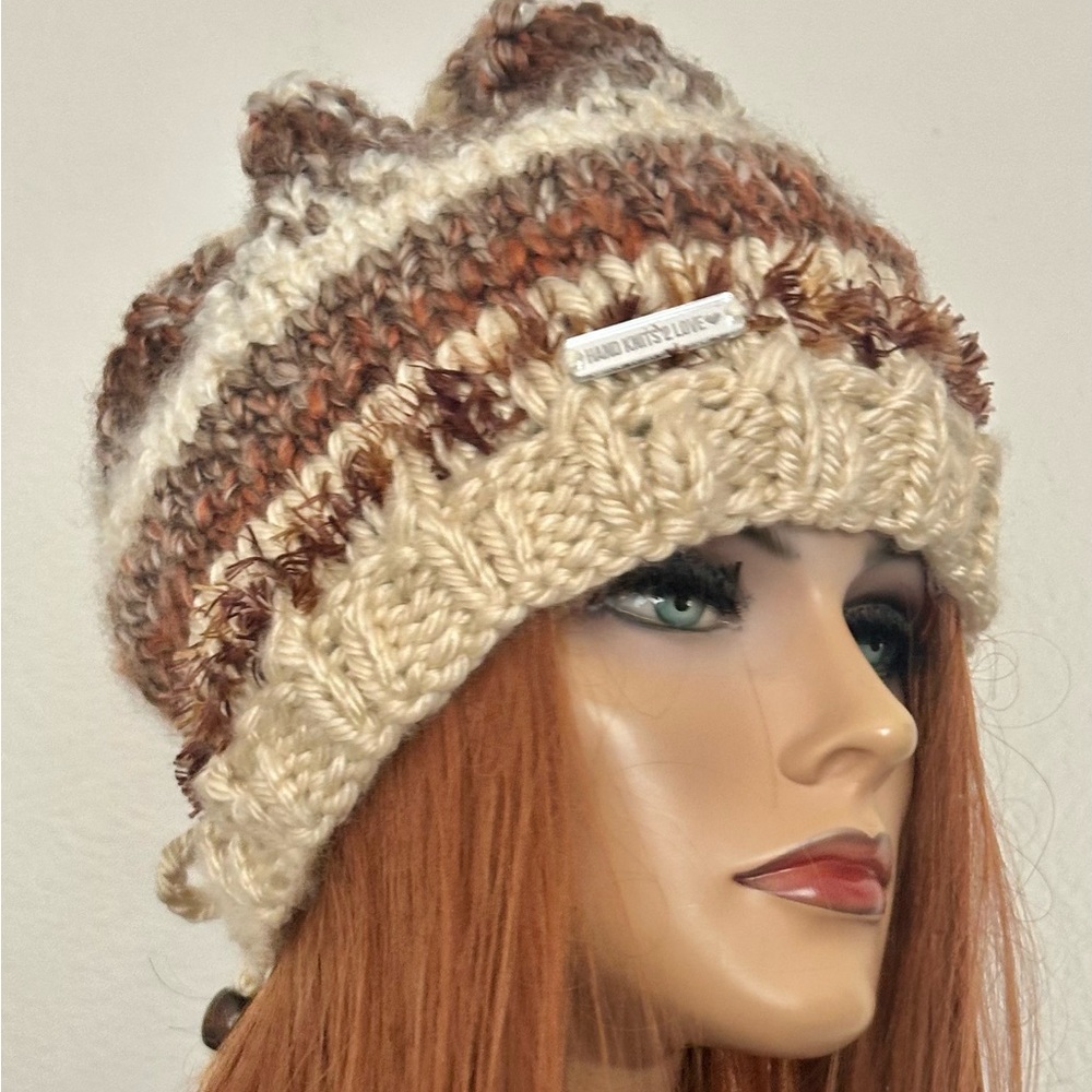 Hand Knits 2 Love Hat Slouch Cap Chunky Adjustable Fit Beads Designer Browns